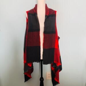 Seven Islands Red Buffalo Plaid Open Front Vest One Plus Size